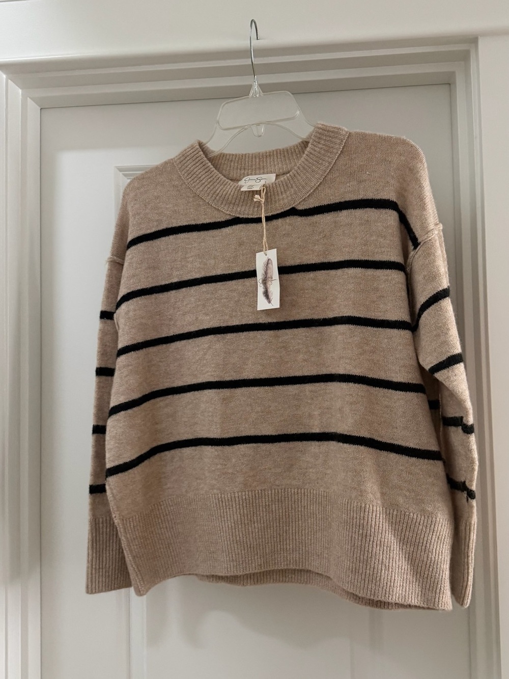 NWT Jessica Simpson Beige and Black Striped Crewneck Sweater | XS